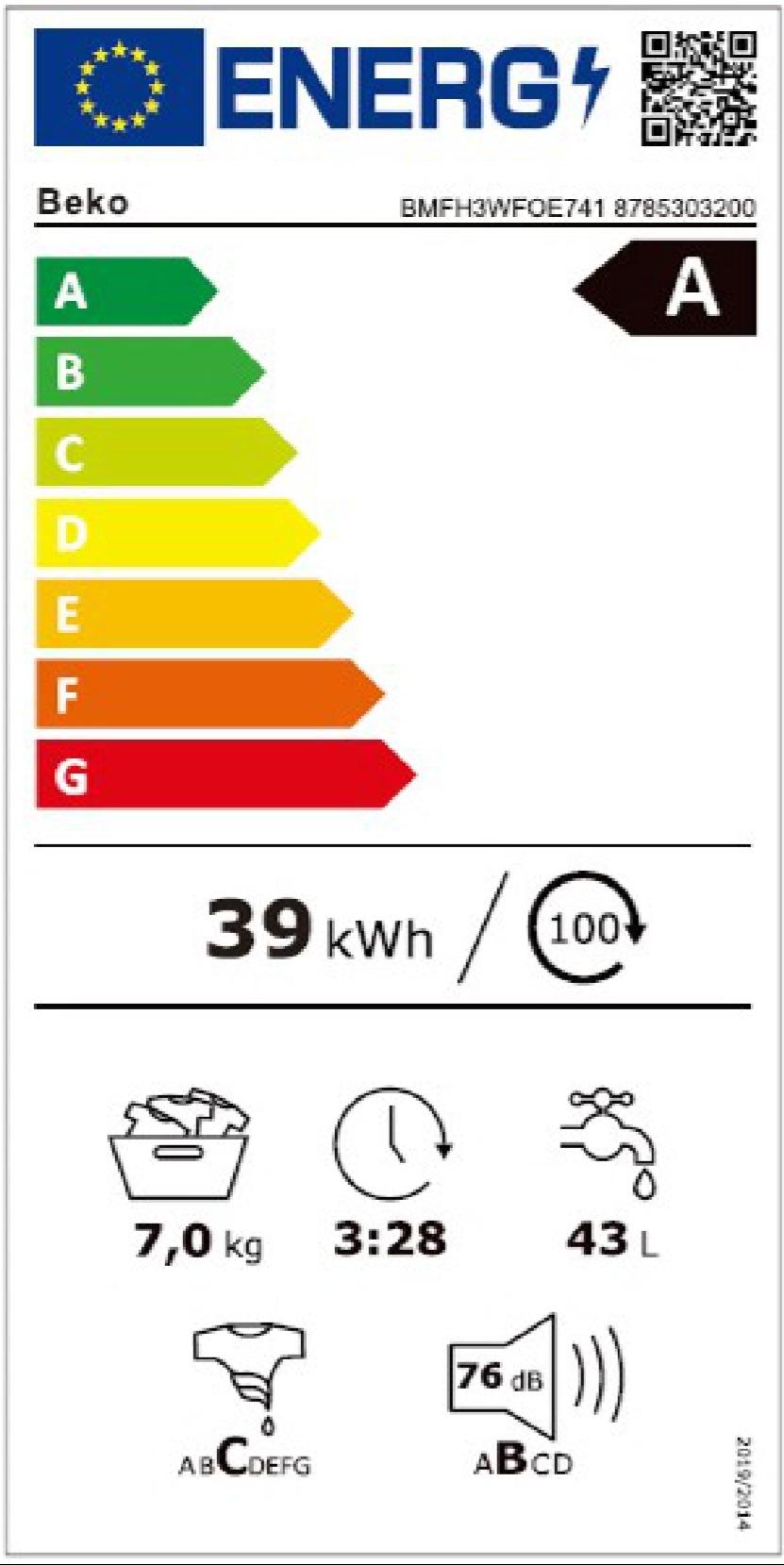 BEKO BMFH3WFOE741 Waschmaschine (Frontlader, freistehend, 7 kg, A, 1400 U/Min)
