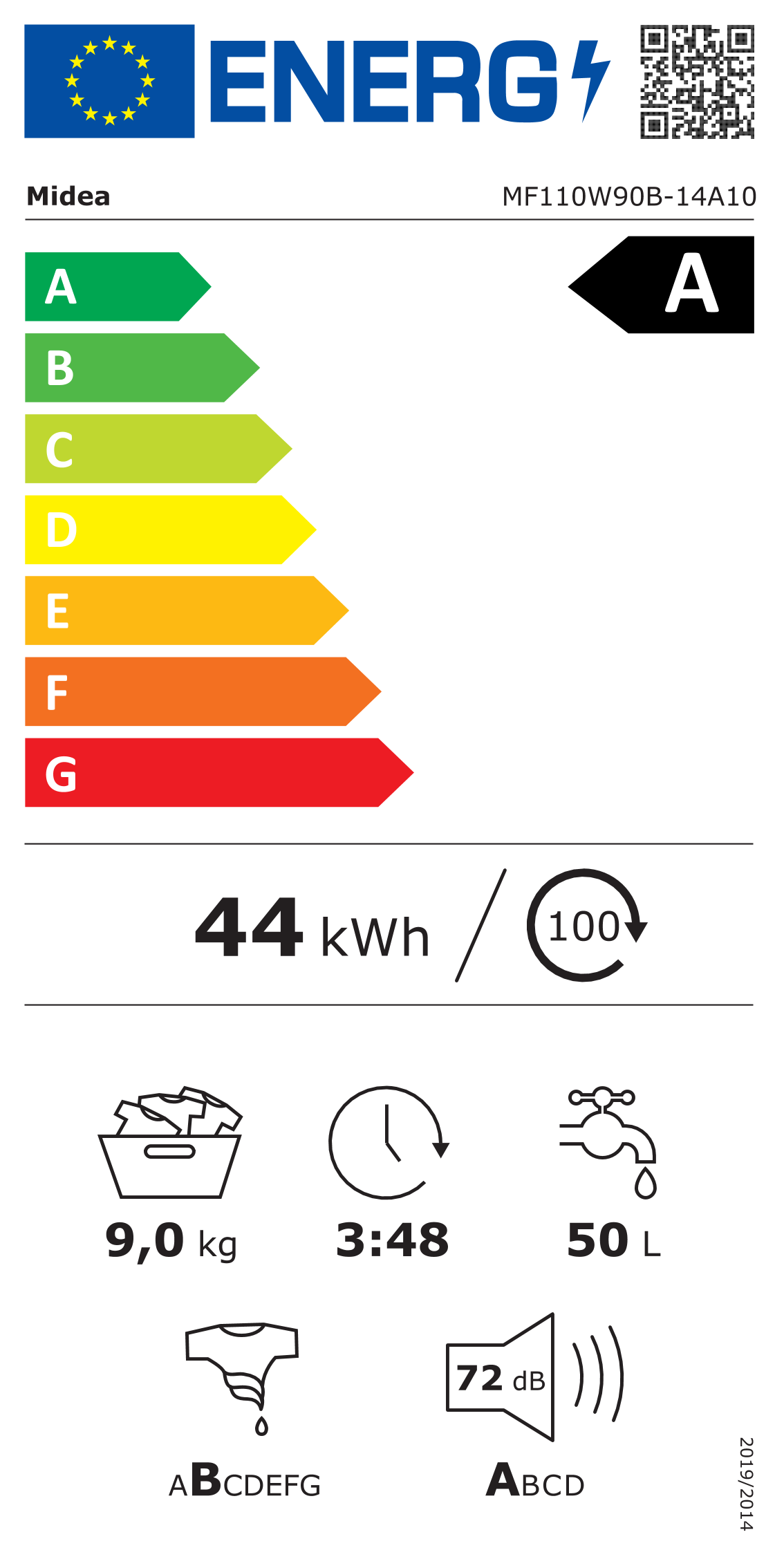 Midea MF110W90B-14A10 Waschmaschine (Frontlader, freistehend, 9 kg, A, 1400 U/Min)